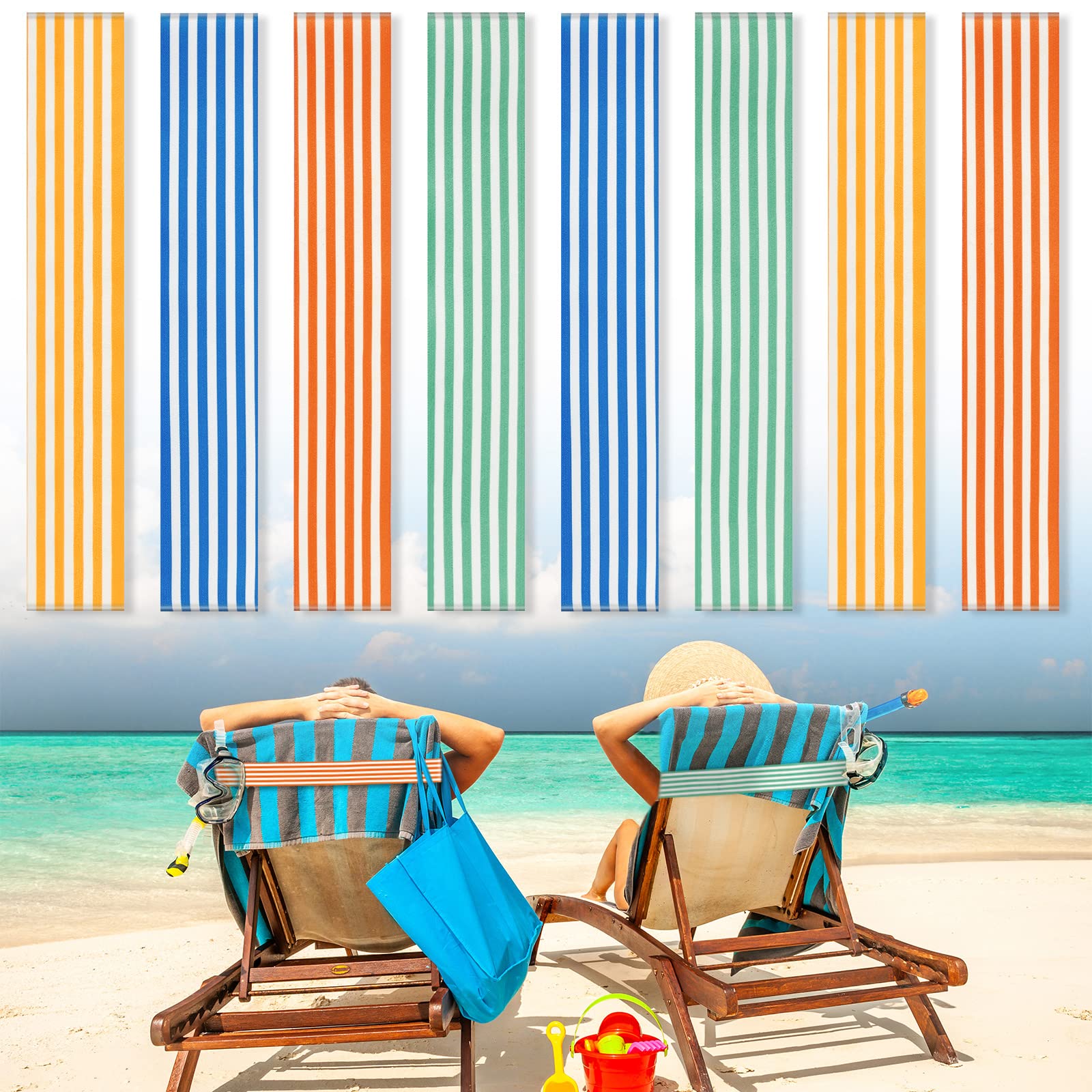 Boao 8 Pack Towel Bands for Beach Chair, Pool & Cruise Essentials, Elastic and Windproof, Towel Chair Clips Lounge Strap Holder, Cruise Ship Accessories (Striped Style) — image 1