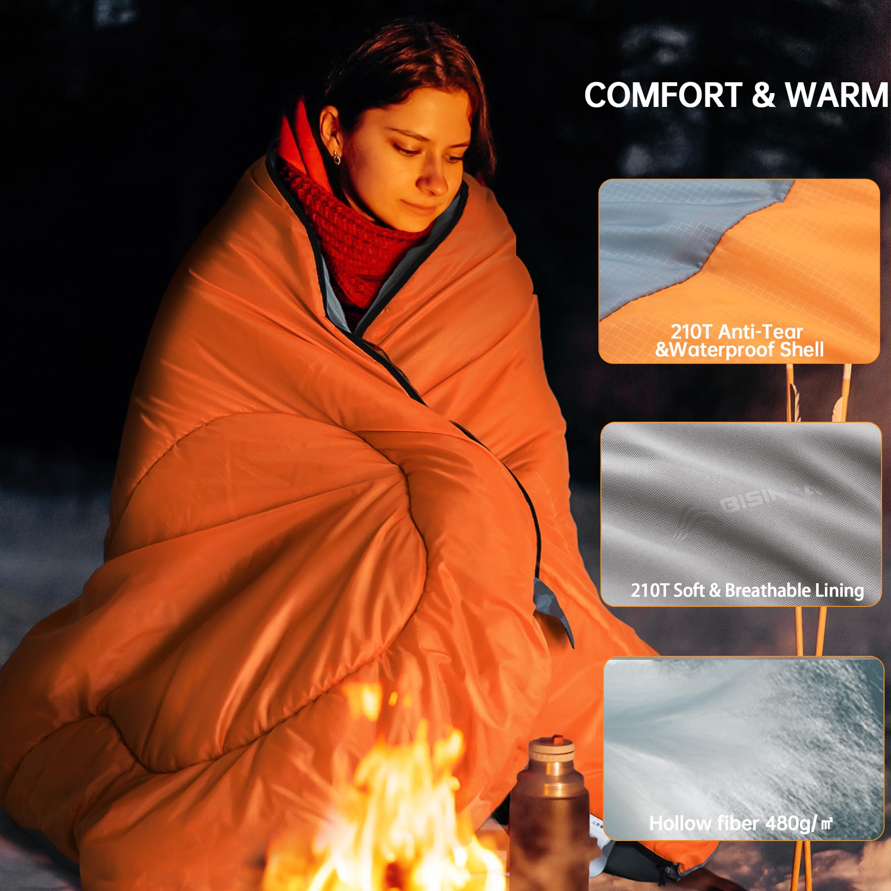 BISINNA Sac de Couchage d'hiver à 0 degré (480 g/m²) pour Adultes - Sac de Couchage Confortable et Chaud avec Coussin de Compression pour randonnée, Plein air