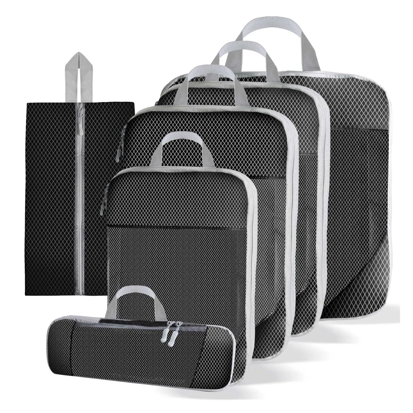 Packing Cubes Juego de 5 o 6 cubos embalaje comprimibles, bolsa almacenamiento viaje, portátil, gran capacidad, impermeable, for maleta, bolso, organizador equipaje(6pcs black)
