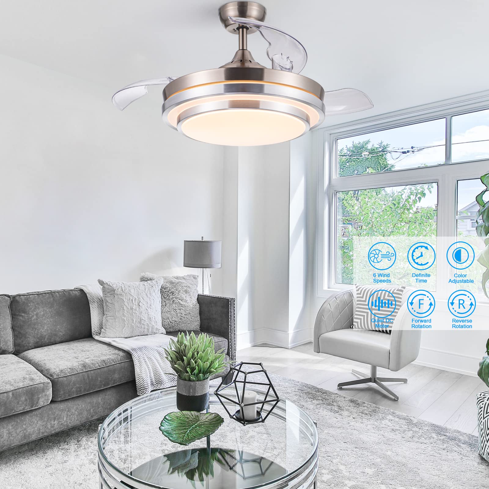 POCHFAN Retractable Ceiling Fan with Lights Remote Control, 42 Inch Modern Ceiling Fan for Bedroom Living Room in 3 Color Changeable,Timer, Noiseless DC Motor, 6 Speed, Brush Nickel, Ceiling fans