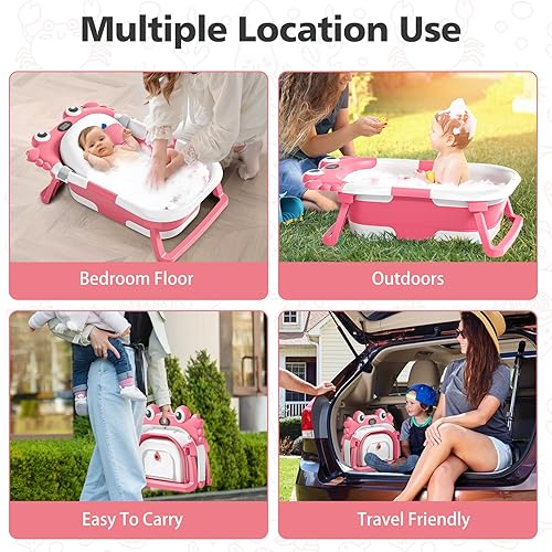 Miniatura 7 de Bañera plegable para bebés recién nacidos con termómetro y cojín flotante suave, portátil y plegable, bañera de viaje para bebés y niñas pequeñas de
