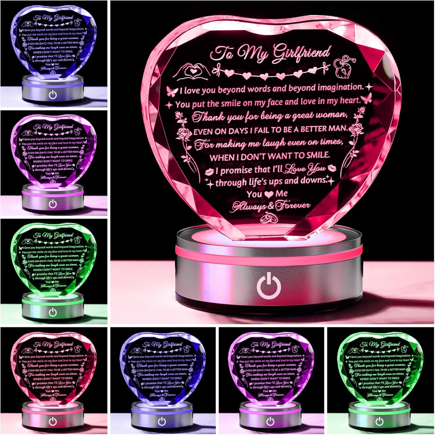 Gifts for Girlfriend, To My Girlfriend Gifts Laser Engraved Heart Crystal with Colorful LED Base - Mothers Day Anniversary Birthday Gifts for Her Girlfriend Valentines Christmas Decor from Boyfriend - Image 2