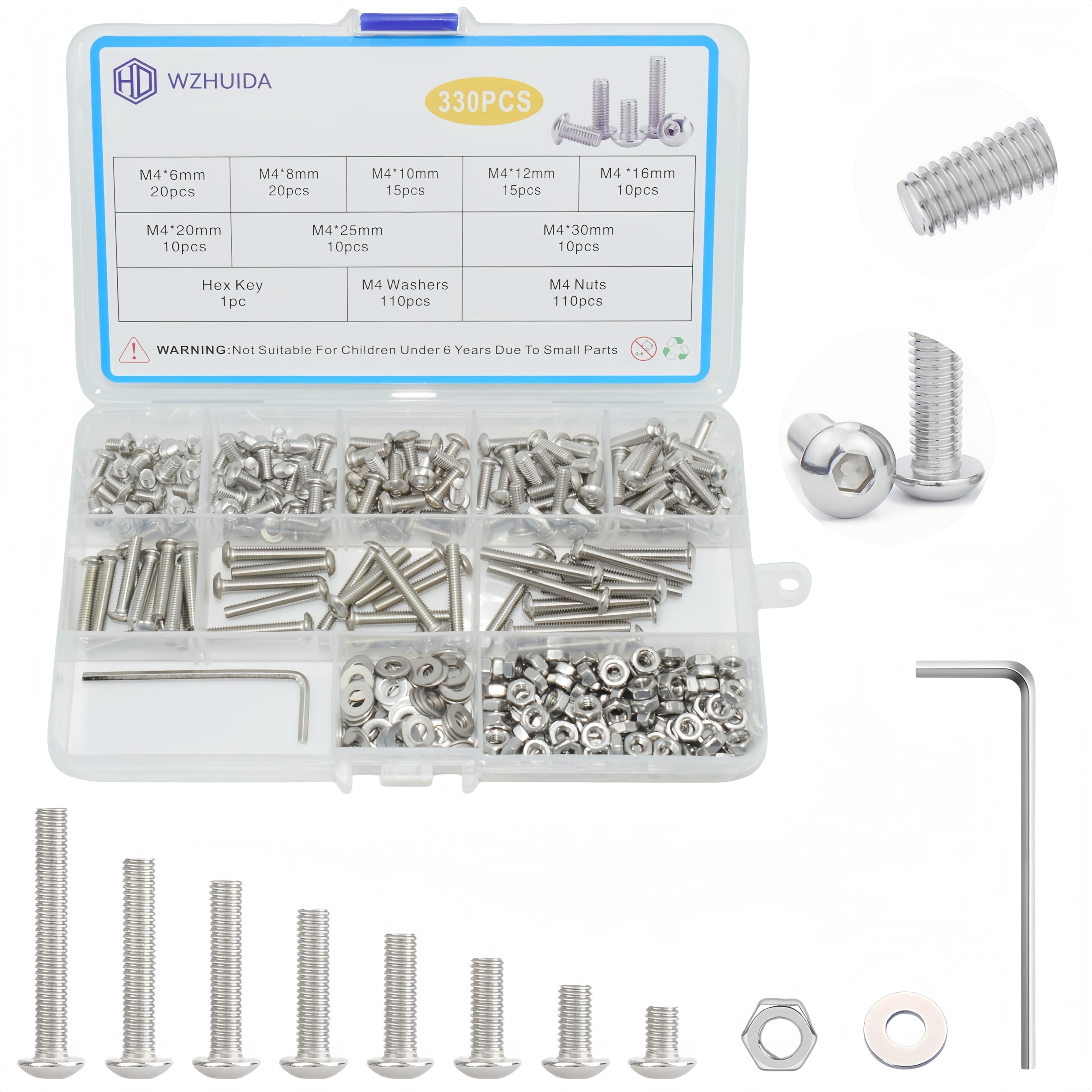 WZHUIDA 330 Stück M4 Schrauben Set, Edelstahl Linsenkopf Metrisch Innensechskant Muttern und Unterlegscheiben Sortiment, Gewindemaschinen Sechskantschrauben