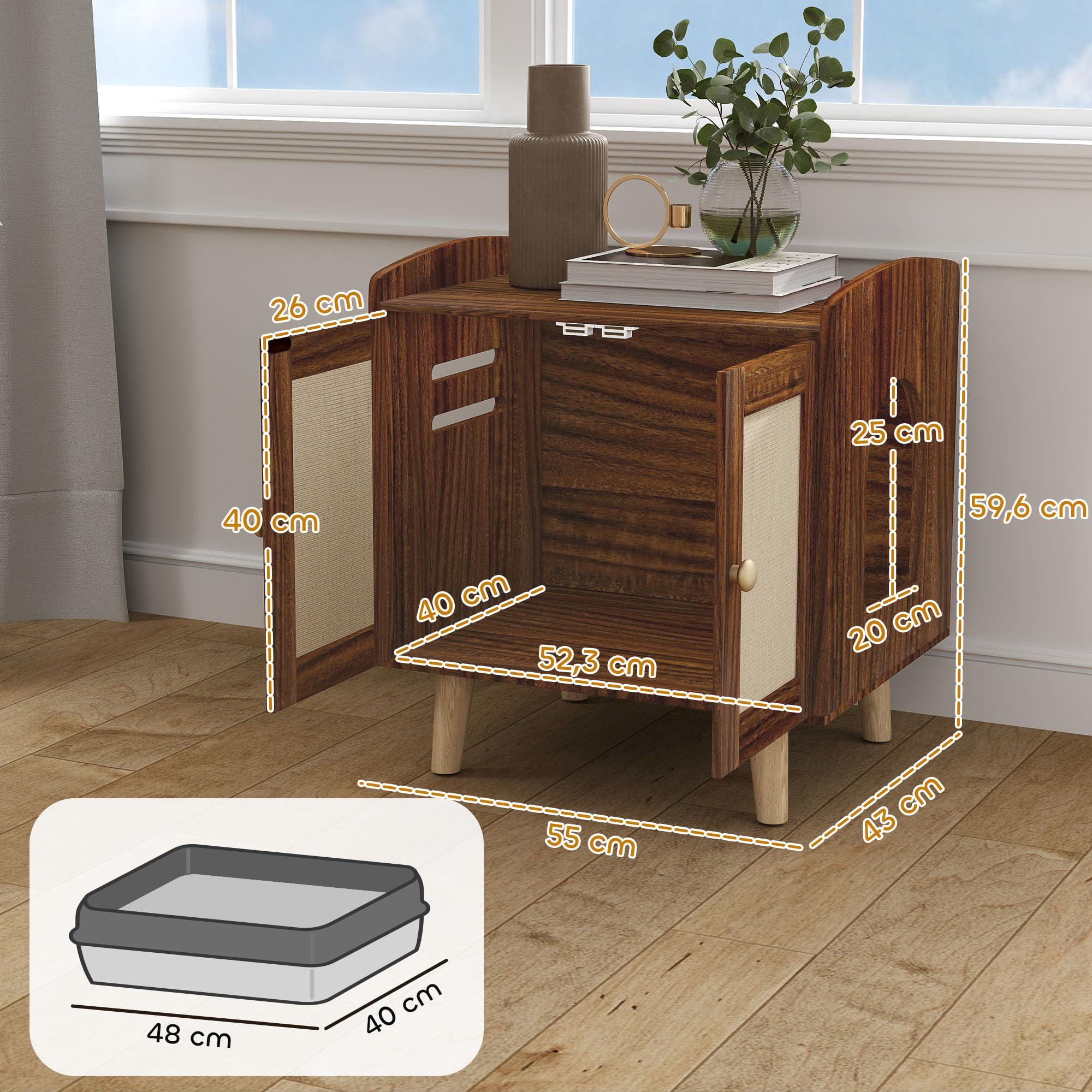 PawHut Mueble Arenero para Gatos Mesa Auxiliar 55x43x59,6 cm Marrón | Caja de Arena para Gatos, con Puertas, Esteras de Sisal, Patas de Madera, para Salón Dormitorio