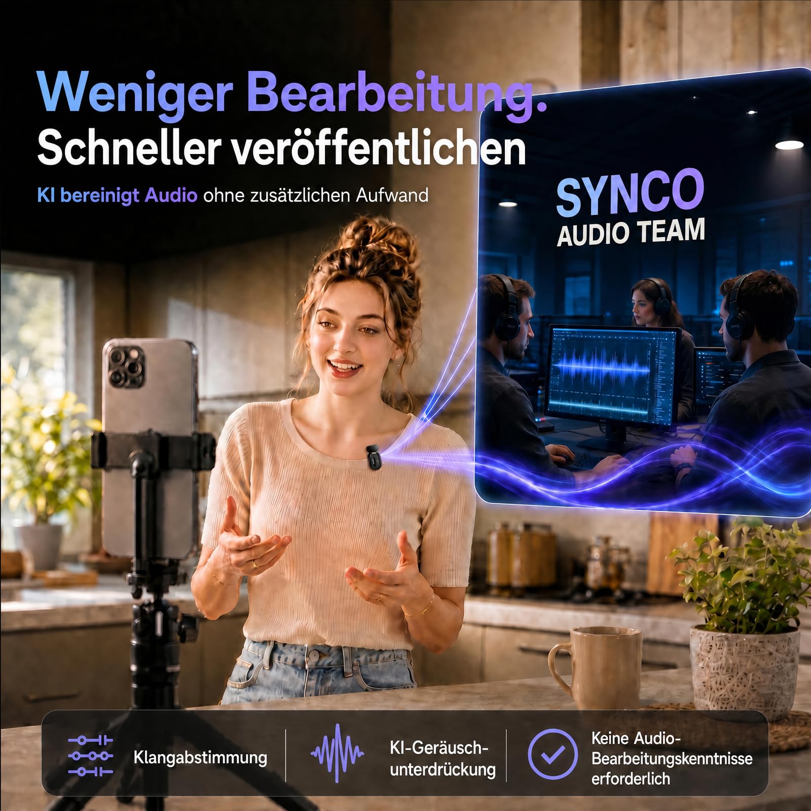 SYNCO SMICT KI Funkmikrofon für Android, Kabelloses Lavalier Mikrofon mit Echtzeit Übersetzung, AI App, Geräuschunterdrückung, USB-C, 2 Sender für Vlog, Streaming, Interview