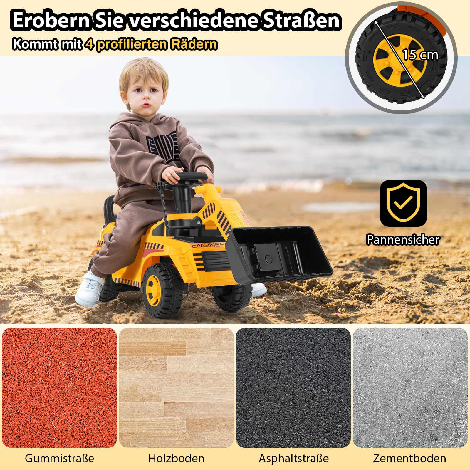 COSTWAY Bagger zum aufsitzen, Sitzbagger mit Verstellbarer Schaufel & Stauraum unter Sitz, Kinderbagger mit Motorsound & Kippschutz, Sandkasten Aufsitzbagger für Kinder ab 1 Jahr