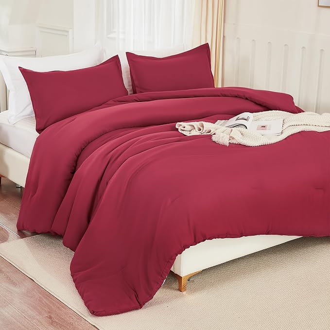 Litanika Burgundy Red Comforter Set California King Size, 3 Pieces Cal King Lightweight Solid Bedding Comforter Set, All Season Fluffy Bed Set (104x96In Comforter & 2 Pillowcases)