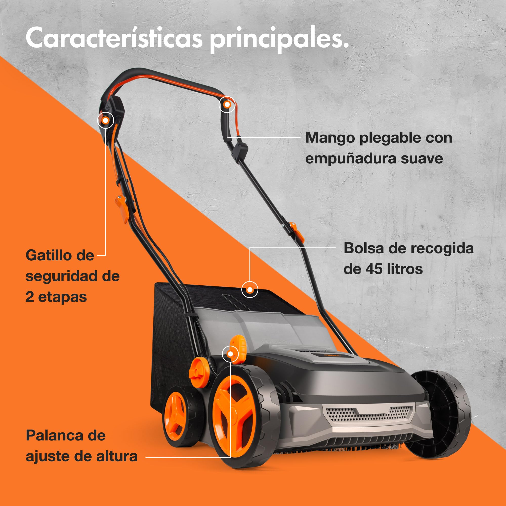 VonHaus Cepillo para Césped Artificial - Peinadora Barredora de Césped Artificial con Bolsa de Recogida, 5 Alturas Ajustables, 330-380 mm de Ancho de Trabajo y Asa Plegable (1800 W)