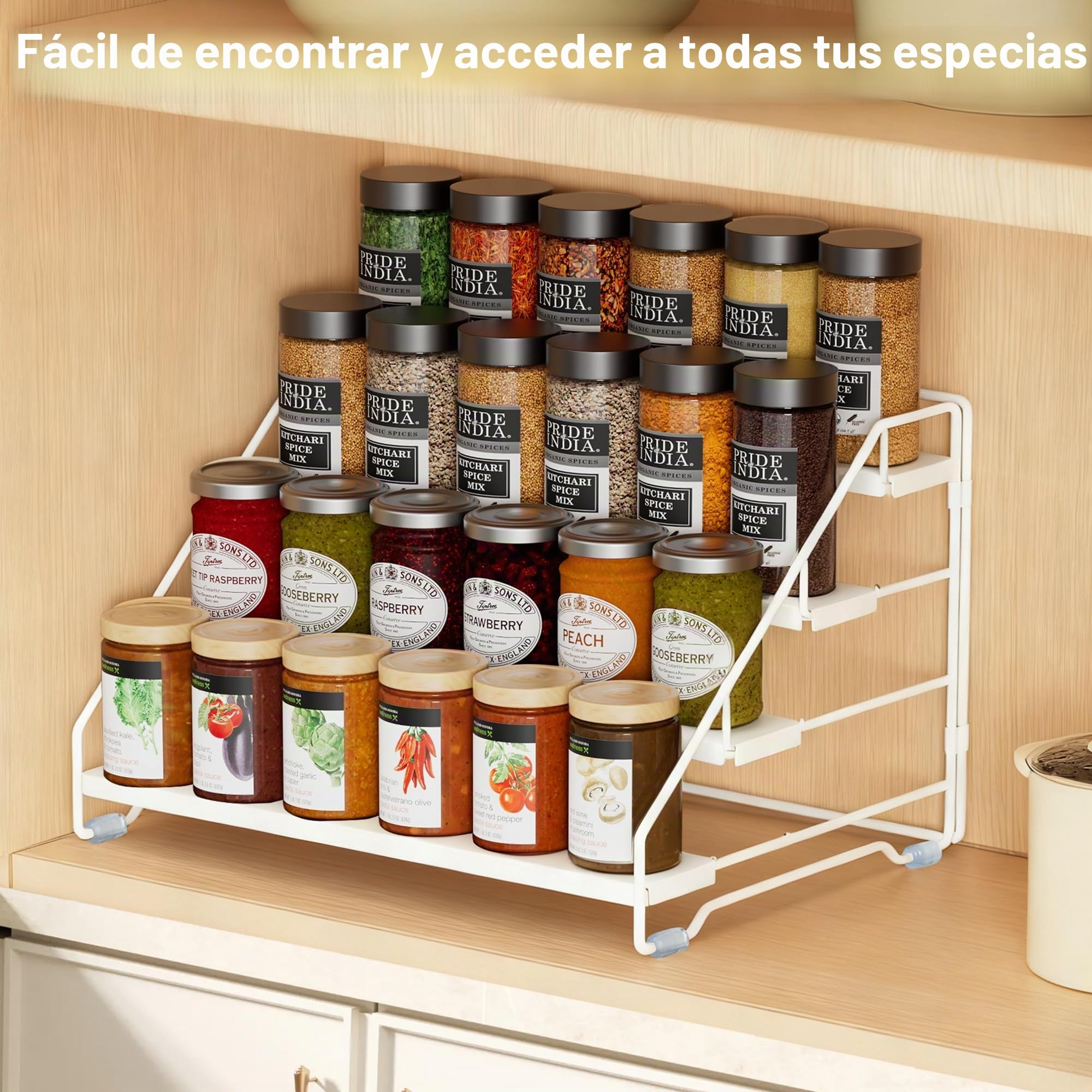 Gucass Organizador de Especias Estante de Cocina de 4 Niveles en Metal, Ajustable Estante Cocina Para Mostrador, Spice Rack de Almacenamiento, Para Comedor, Baño, Dormitorio, Oficina(Blanco)