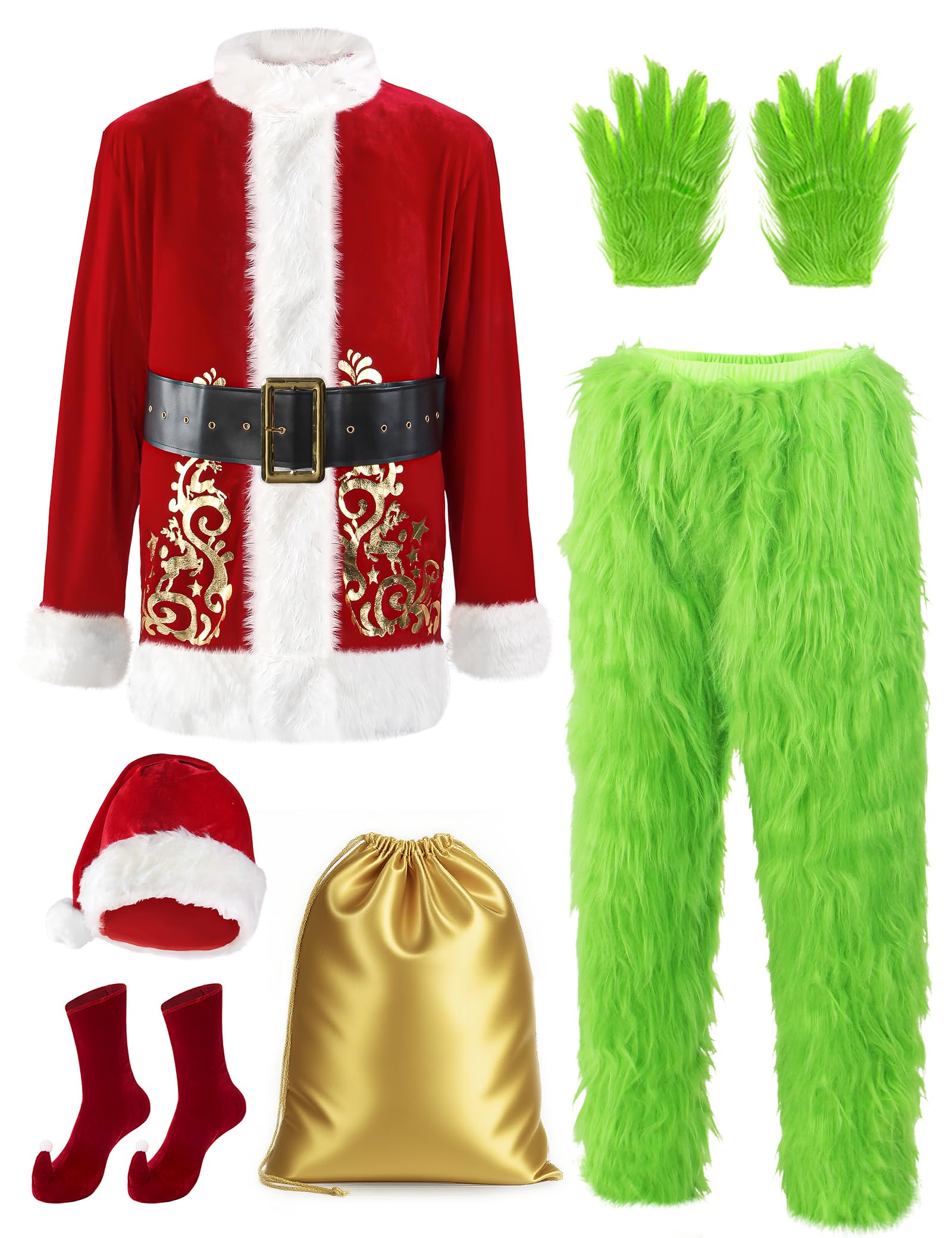 Christmas Costume for Men Adult Green Giant Monster 8PCS Deluxe Santa Suit Furry Xmas Cosplay Outfit Halloween
