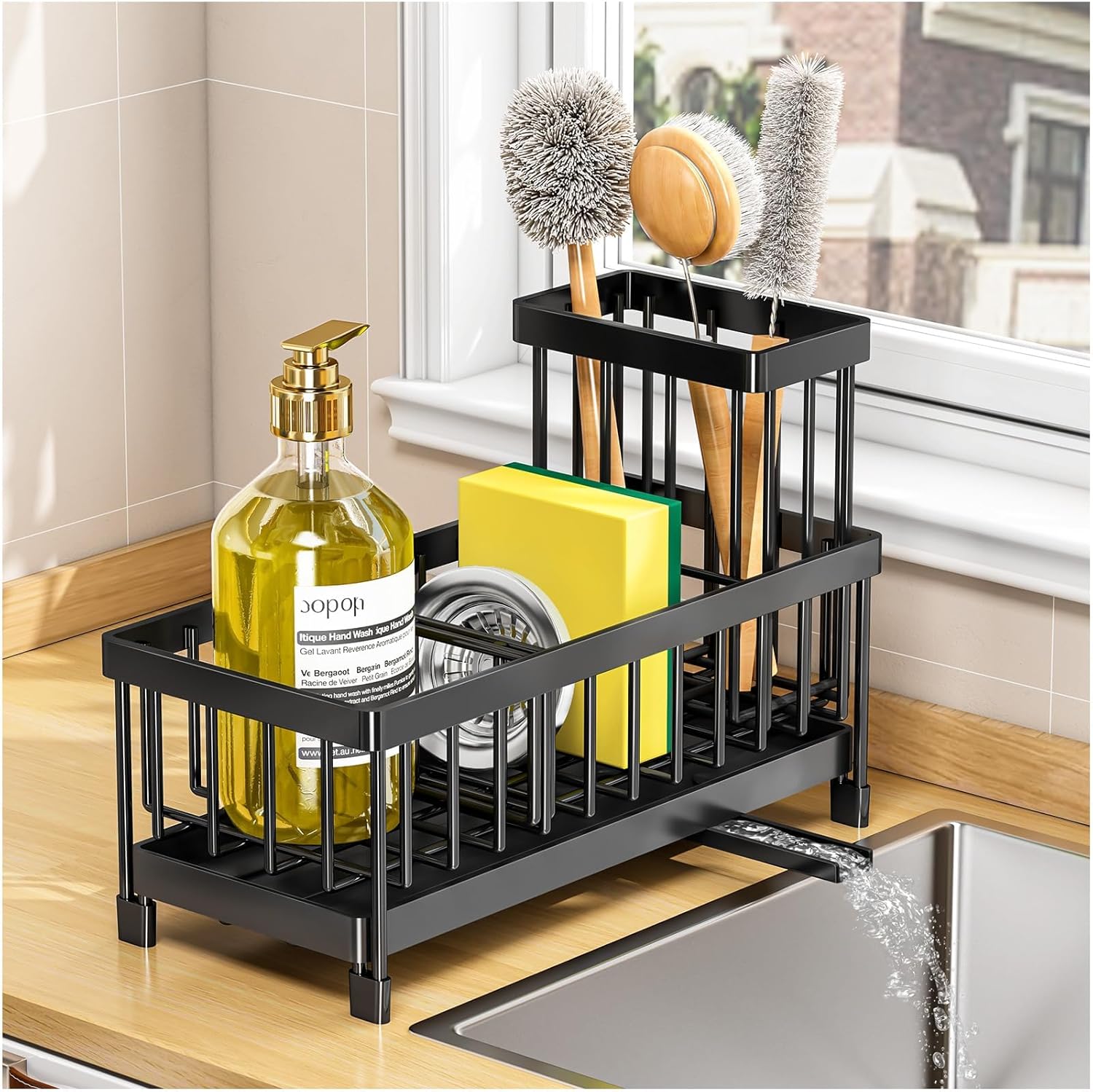 304 Stainless Steel Kitchen Sink Organizer - Rustproof Sponge Holder with 360° Rotatable Drain Spout, Compact 3-Zone Storage for Soap Dispenser, Sponge & Sink Stopper