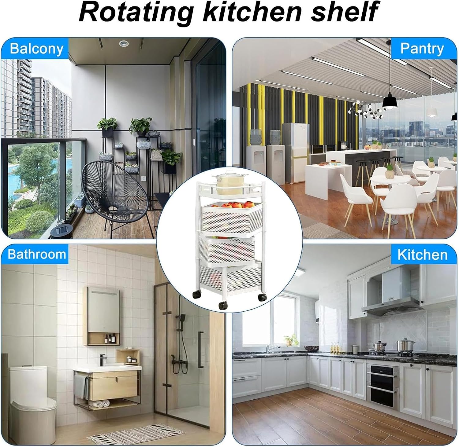 Rolling Kitchen Organizer Cart - Storage Rack with Wire Baskets.Rotatable Multi-Layer Kitchen Storage Rack - Large Capacity Fruit & Vegetable Organizer for Efficient Snack & Produce Storage,