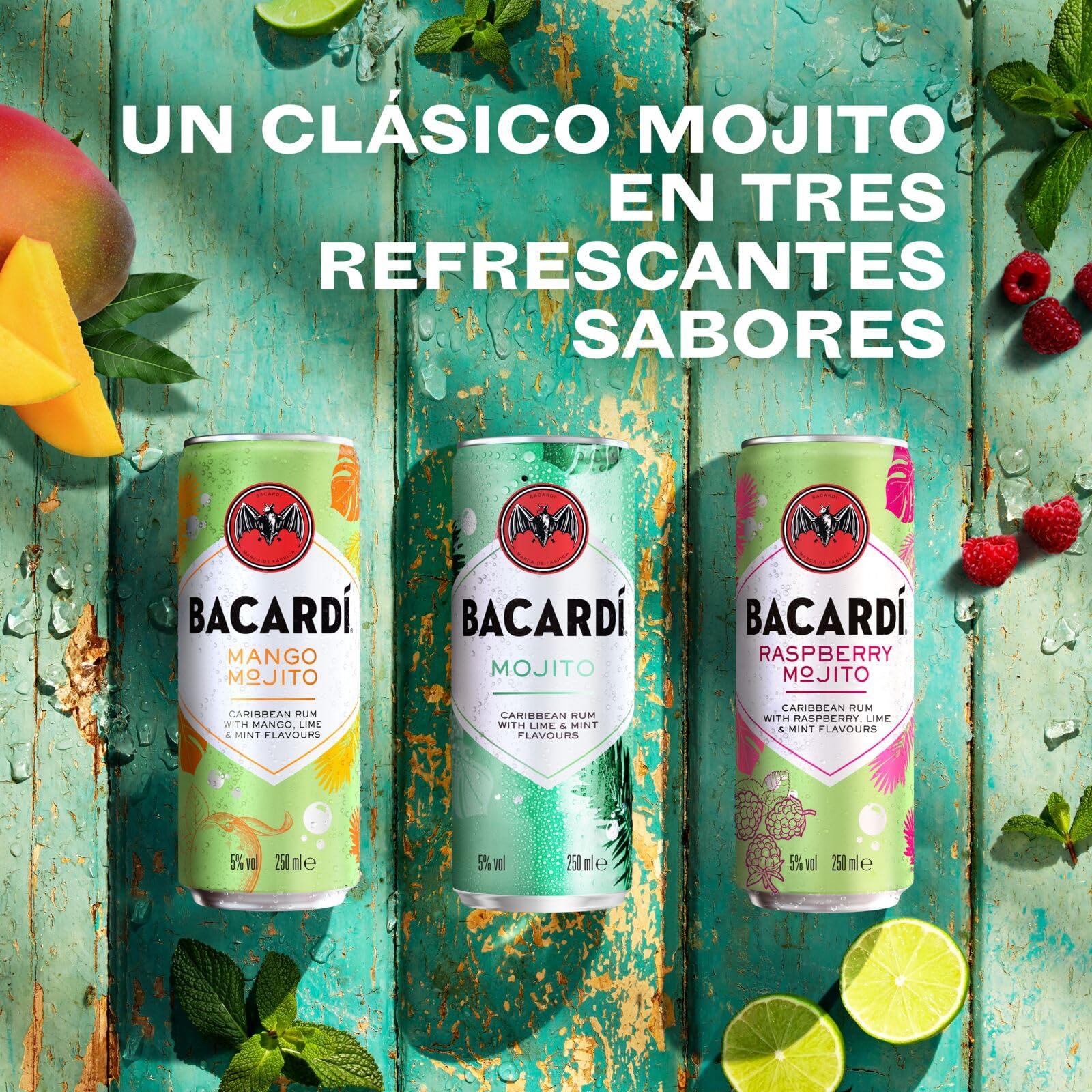 BACARDÍ Mojito es un cóctel enlatado, ALC. 5%, 12 x 25 cl / 250 ml, listo para beber, elaborado con ron BACARDÍ Carta Blanca y mezclado con lima y hierbabuena