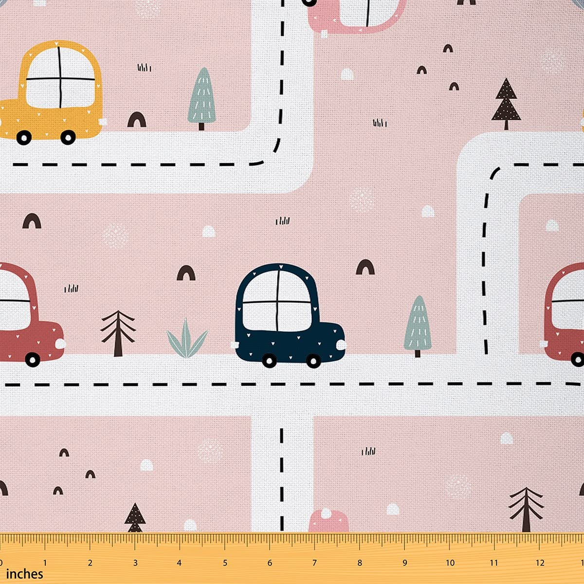 Cartoon Cars Print Fabric by The Yard Cute Colorful Vehicle Tree City Road Craft Hobby Fabric for Kids Polka Dot Stripes Geometric DIY Sewing Fabric for Sofa Chair Room Decor,1 Yard,Pink