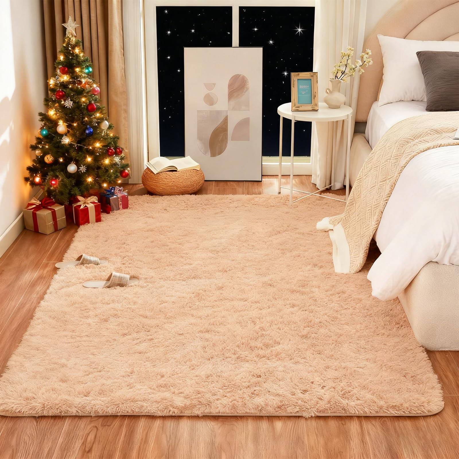 Tapis salon shaggy beige 150x230 cm avec dessous antidérapant pour chambre et maison
