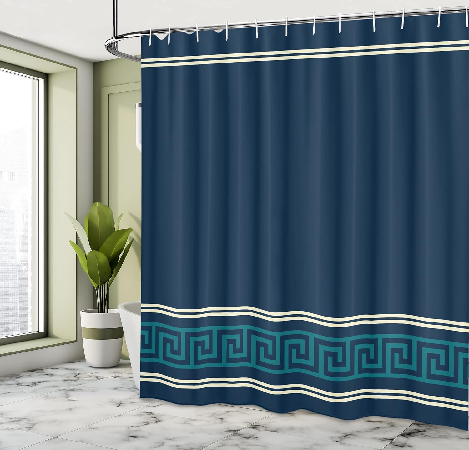 Ambesonne Abstract Shower Curtain, Simplistic Classic Greek Inspired Pattern in Monochrome Design, Cloth Fabric Bathroom Decor Set with Hooks, 69" W x 75" L, Dark Blue