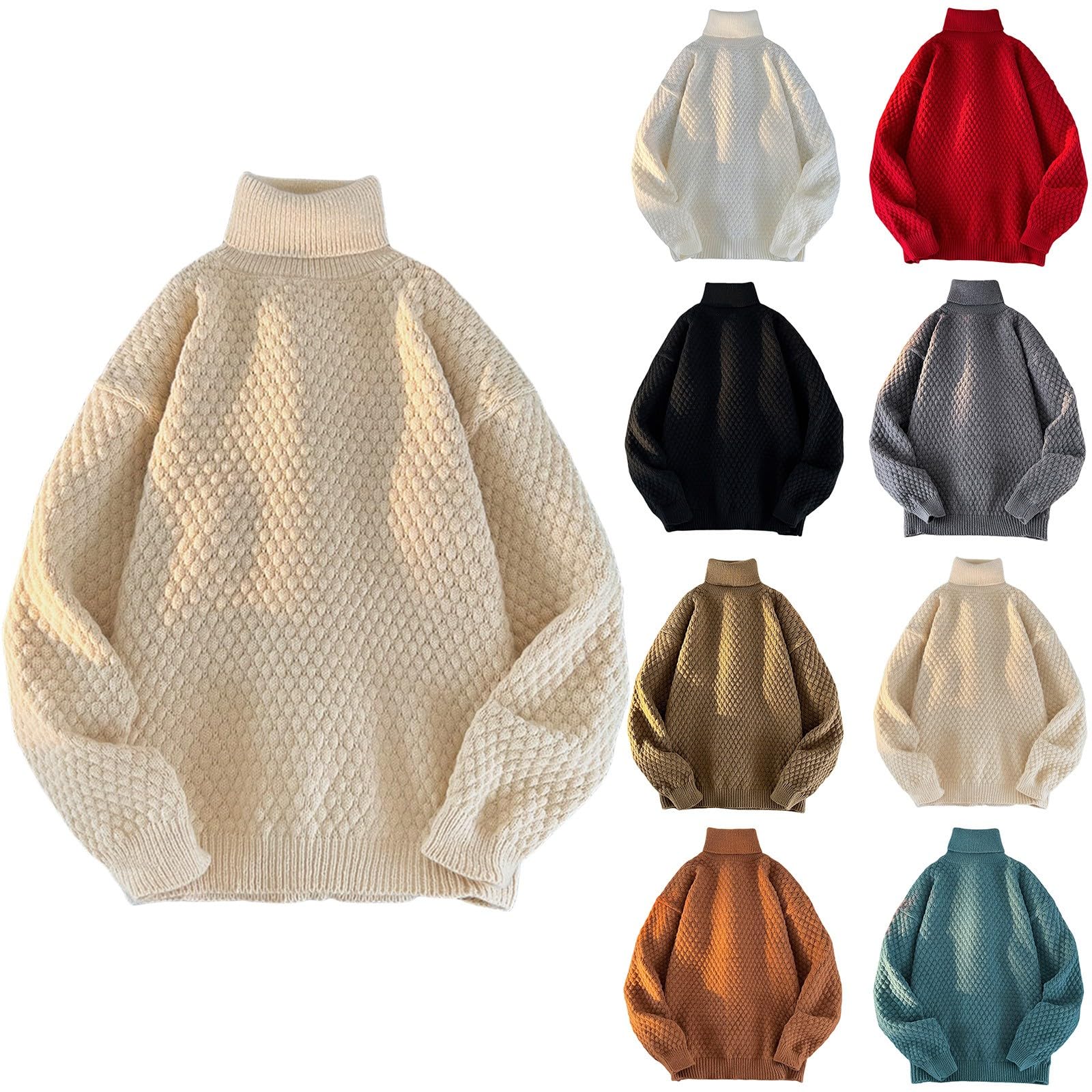 Sweter z dzianiny kablowej dla mężczyzn – sweter z okrągłym dekoltem, wąski krój, golf, ciepły dzianinowy pulower, jednolity kolor, wysoki golf, sweter na co dzień, zimowy, dzianinowy top