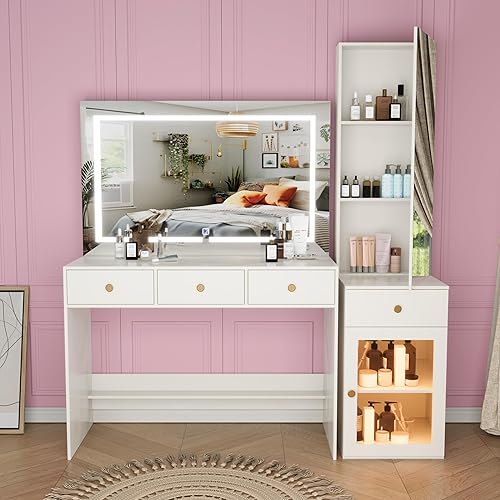 Miniatura 1 de Juego de tocador con luces y 2 espejos, espejo extra grande con 4 cajones, con mesita de noche y espejo de cuerpo completo, escritorio de maquillaje