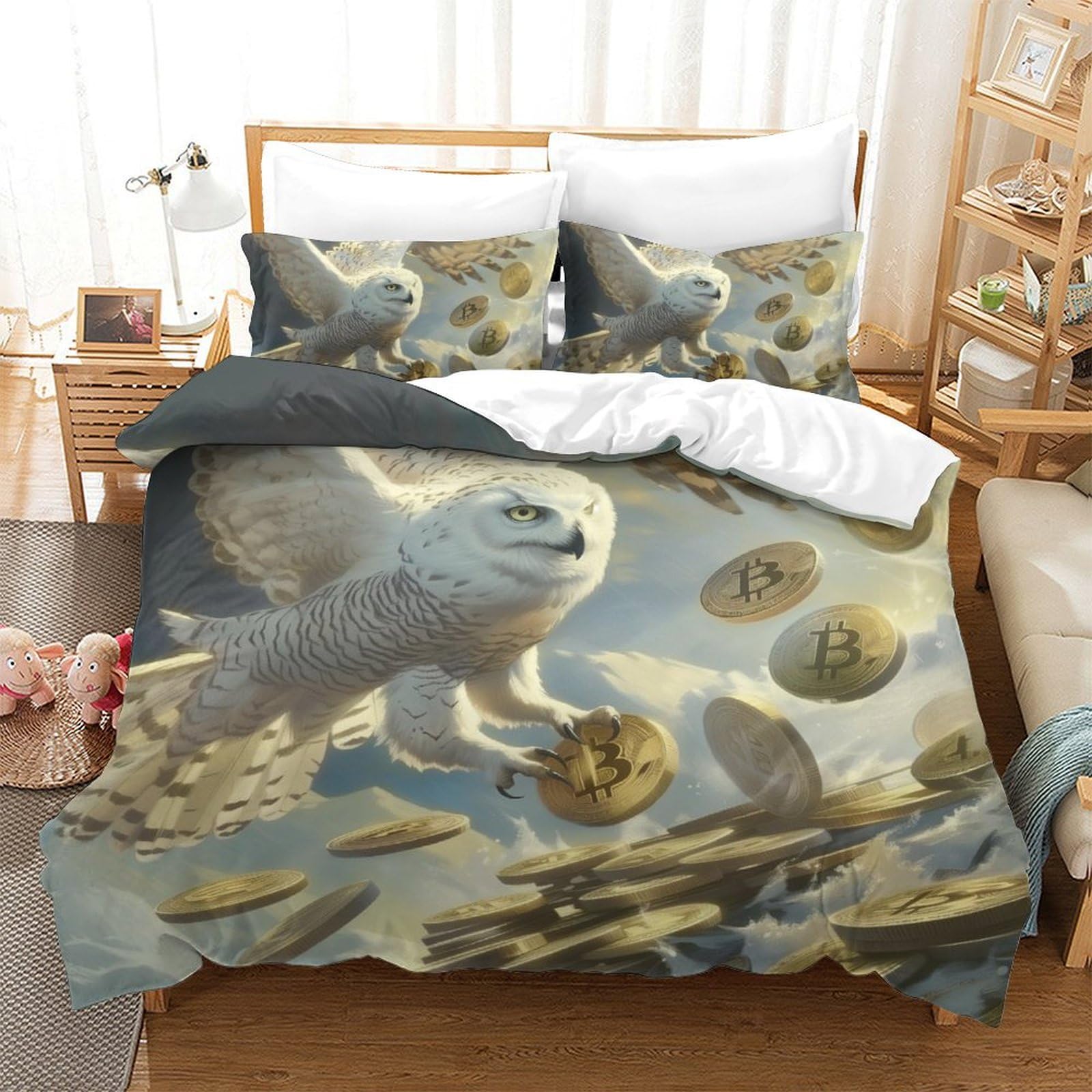 Housse de couette chouette blanche lit 2 personnes parure microfibre