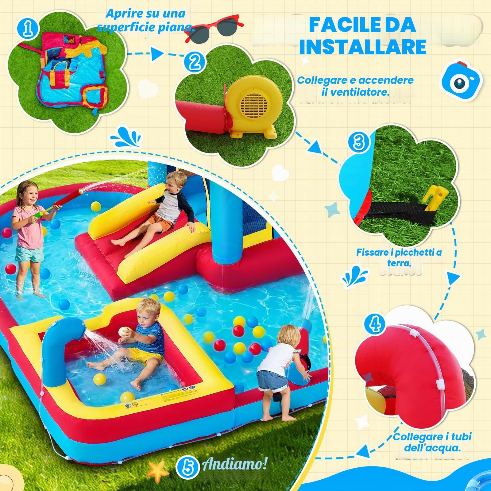 Castello Gonfiabile per Bambini, 8-in-1 con Ventilatore 480W, Scivolo Lungo, Parete da Arrampicata, Trampolino e Piscina, adatto per divertimento interno ed esterno in vacanza