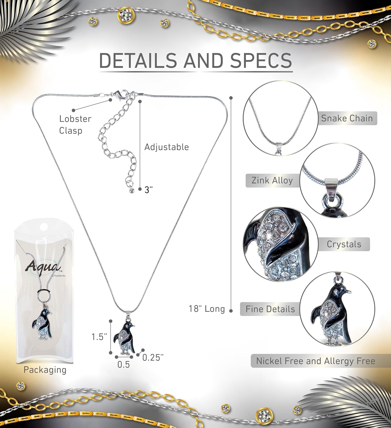 Puzzled Silver Penguin Necklace - Charming Silver Detailed Necklace with Sparkling Rhinestone Crystal Penguin Charm, Cute Jewelry Pendant Necklace Accessory with Long Silver Chain - 18 Inches - Image 2