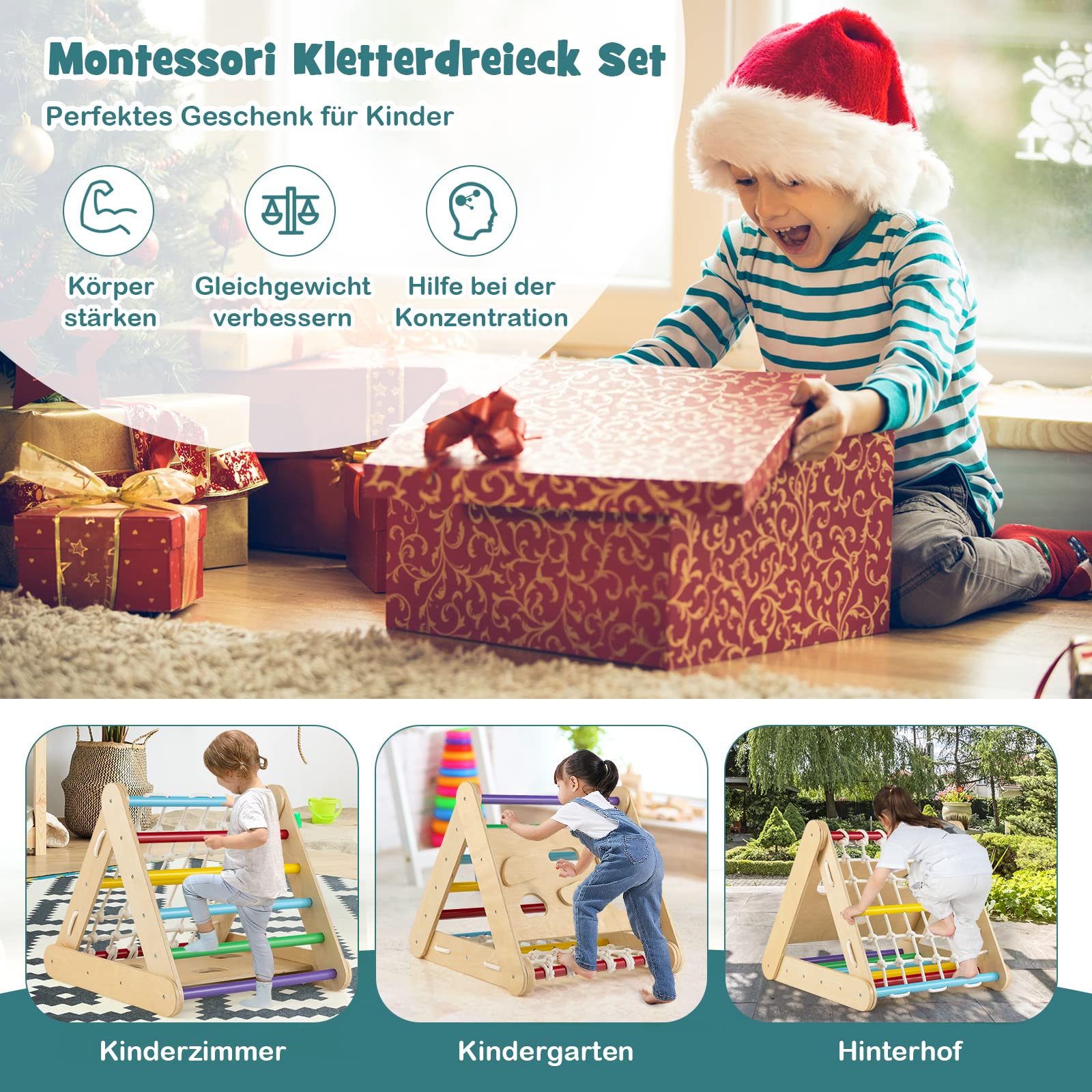 DREAMADE 4 IN 1 Kletterdreieck mit Rutsche und Kletternetz, Holzdreieck Kletterspielzeug aus Holz, Indoor Klettergerüst zum Rutschen und Klettern für Kinder ab 1 Jahr (Bunt)
