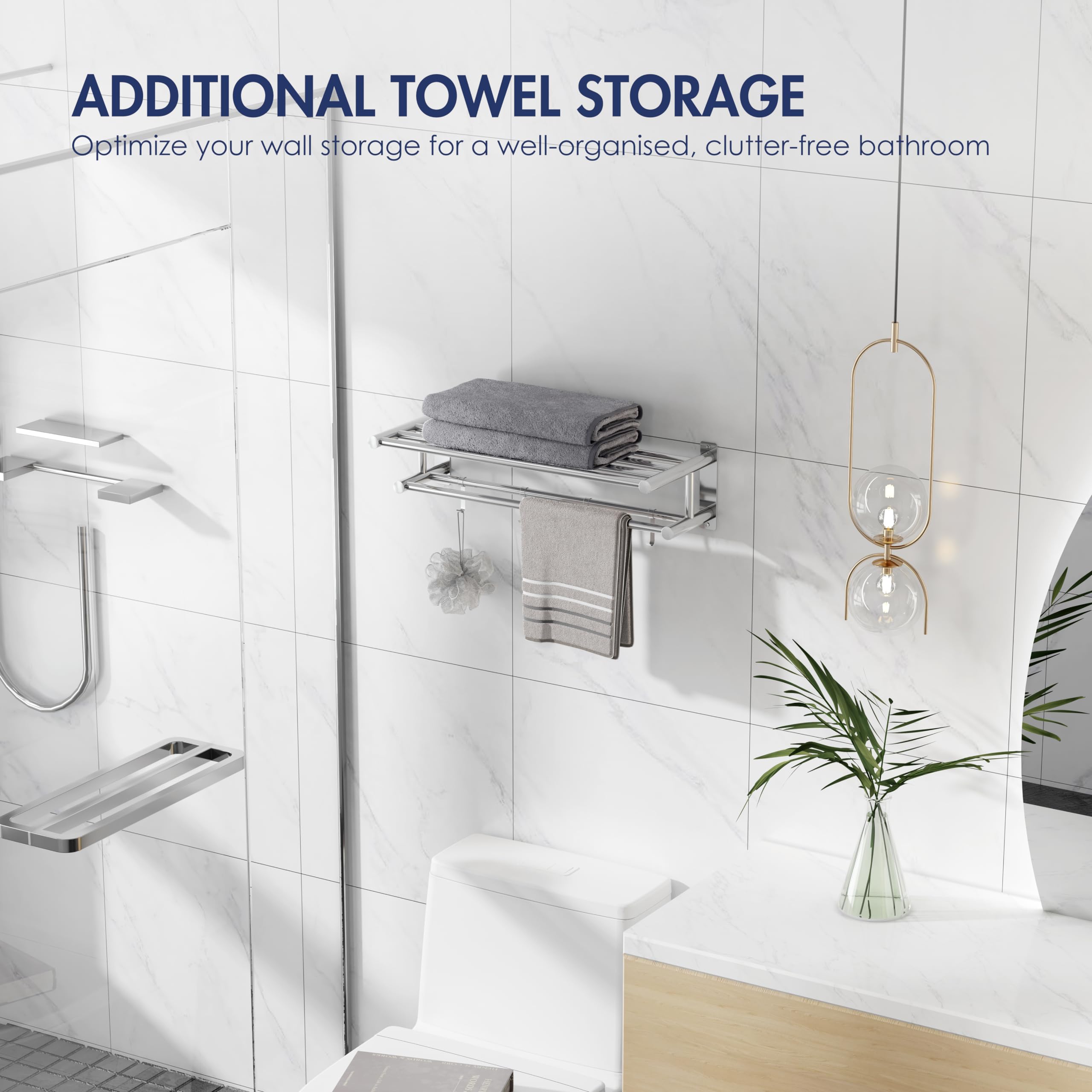 Eridanus Estante de Toallas, Toallero Doble de Acero Inoxidable SUS304 de Pared, Estantería de Almacenamiento para Baño con Barras y Ganchos(60x22,5x16cm)