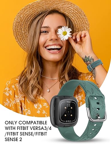 Miniatura 6 de Minyee Paquete de 3 correas grabadas florales compatibles con Fitbit Versa 4Versa 3Sense 2Sense Band para mujer, lindo diseño de flores de diente de