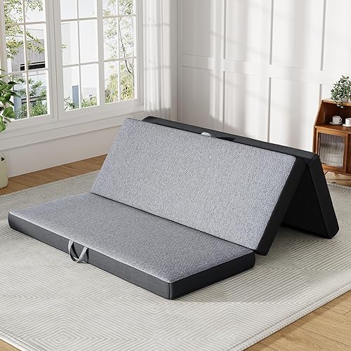 Colchón triple tamaño Queen de 4 pulgadas – Colchón plegable de espuma viscoelástica para campamento, viajes, casa rodante, cama de invitados y