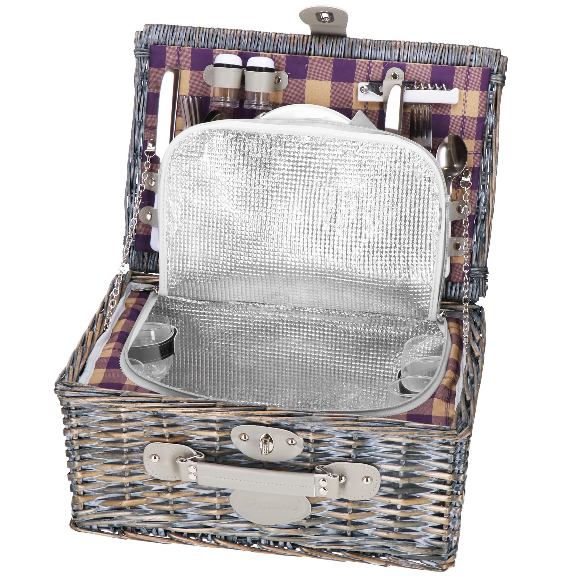 SPRINGOS Weiden - Picknickkorb Thermokorb Picknickkoffer mit Kunstlederhenkel Geschirr Set für 4 Personen Komplettset 23-teilig Korkenzieher Salz und Pfefferstreuer Gläser