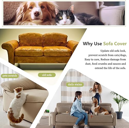 Miniatura 4 de DREAMINGO Fundas de sofá color beige y negro para sofá de 3 plazas, protector geométrico bohemio de muebles de 3 asientos, funda reversible de