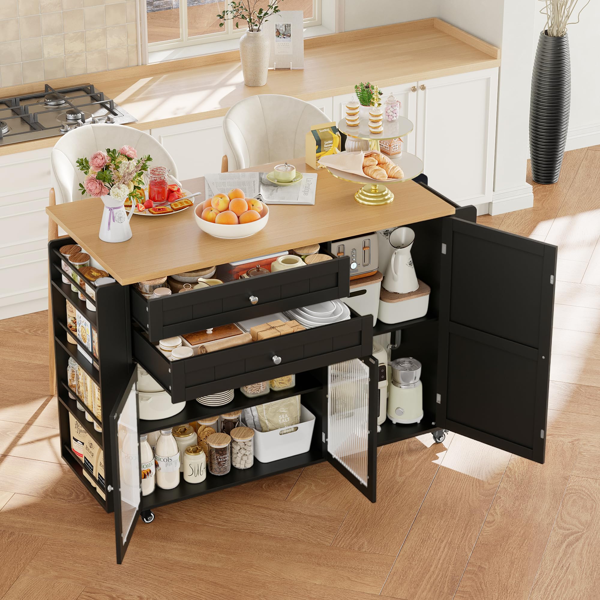 FirFurd Isola Cucina con Piano di Lavoro Pieghevole 132x40x97,5 cm Nero