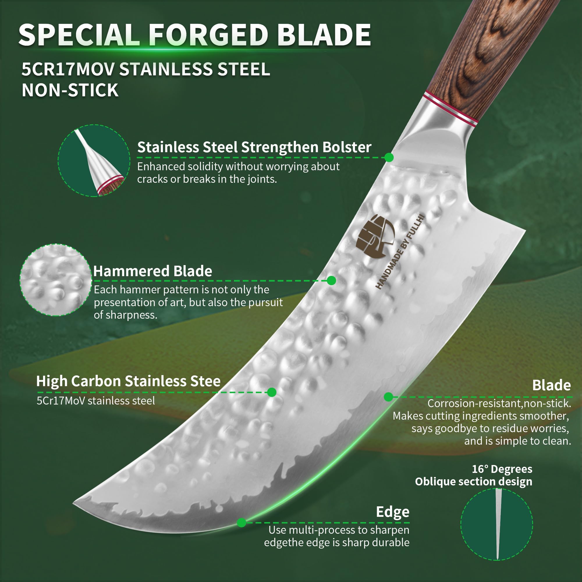 FULLHI Coltello da cucina a lama martellata con protezione, coltelli da chef antiaderenti, coltello giapponese con manico in legno Pakka, coltelli da cucina in acciaio inox con fodero (205mm)