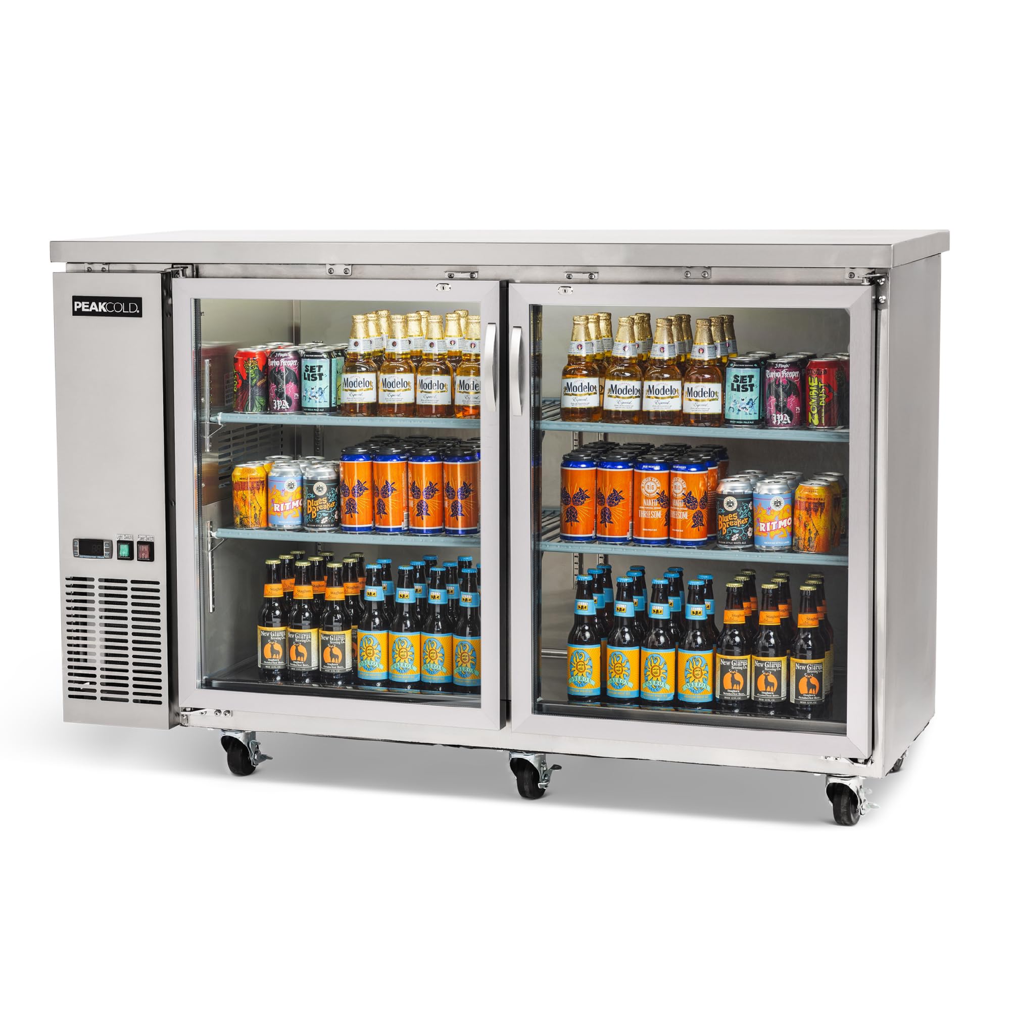 PEAKCOLD 2-Door Counter Height Beverage Refrigerator - 61" Wide Energy Efficient Stainless Steel Beer Fridge With Glass Doors & White LED Lighting - Commercial Back Bar Cooler | Fridge.com