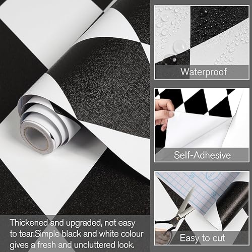 Miniatura 2 de Qianglive Papel tapiz adhesivo de diamante para despegar y pegar, color blanco y negro, papel de contacto con rombos de 17.3 x 80 pulgadas, rollo de