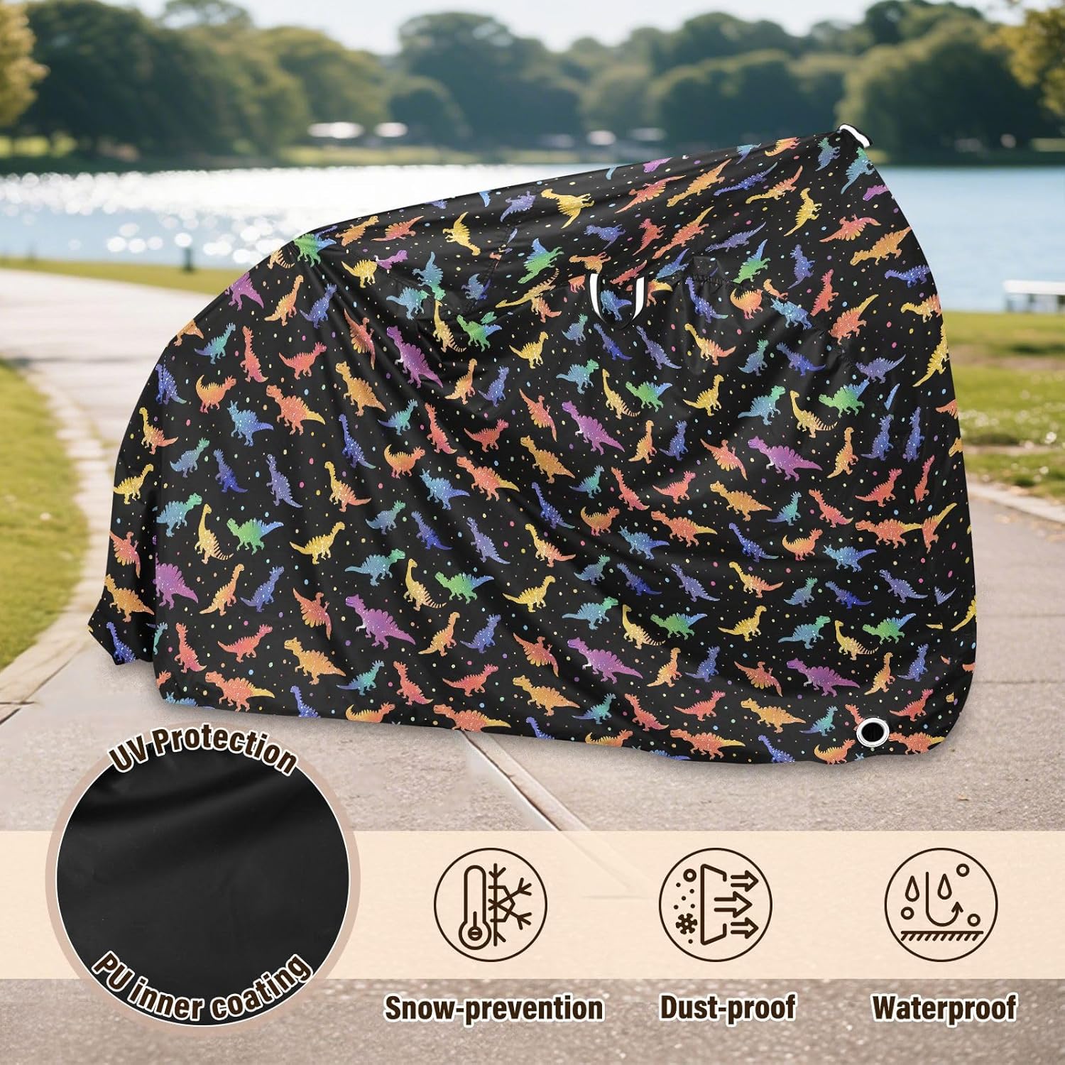 ALAZA Rainbow Dinosaur Dino Polka Dots Bike Cover Waterproof Outdoor Ebike Bicycle Covers Tarp Protection for 1/2 Bikes, Sun UV Dust Wind Proof
