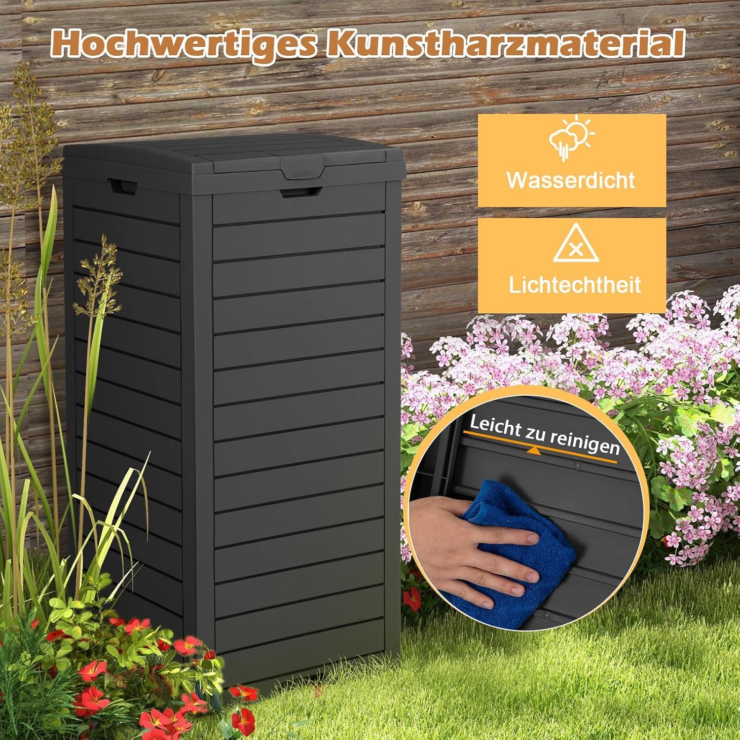 FANTASK 118L Mülleimer mit Deckel mit ausziehbarer Flüssigkeitsschale & Griff, Outdoor Mülltonne Abfalltonne Garten in Schwarz, wasserdichter Müllbehälter für Veranda, Hinterhof, Terrasse