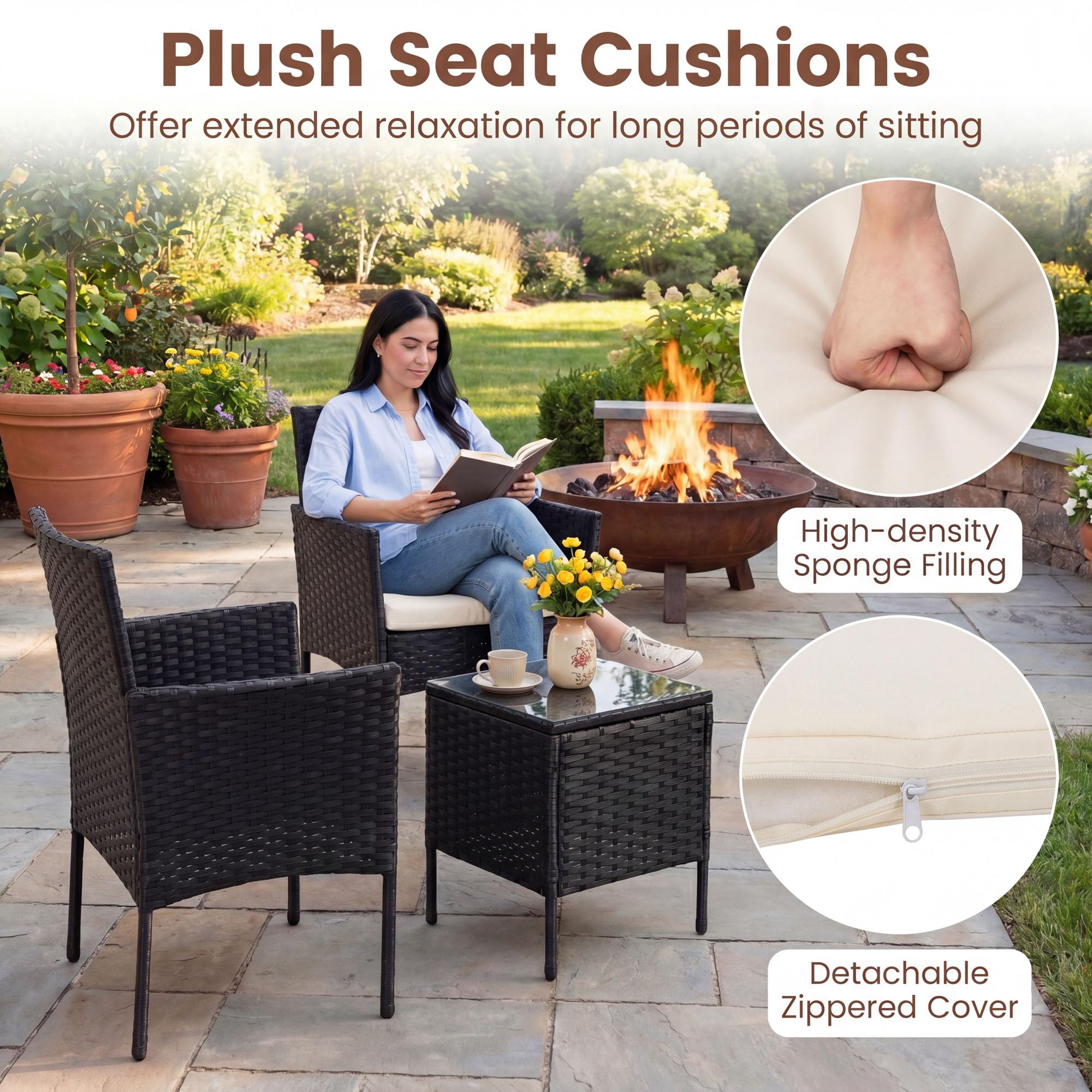 LIFEZEAL - Juego de muebles de jardín de ratán de 2 plazas, salón de jardín al aire libre con 2 sillones, cojines extraíbles, mesa baja de cristal templado para terraza, patio (beige)