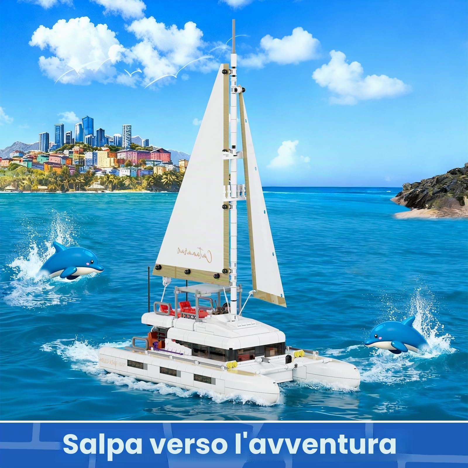Mould King 10217 Blocchi di costruzione della nave a vela catamarano nave giocattolo con vela in tessuto e zona prendisole compatibile con altre marche (893 pezzi)