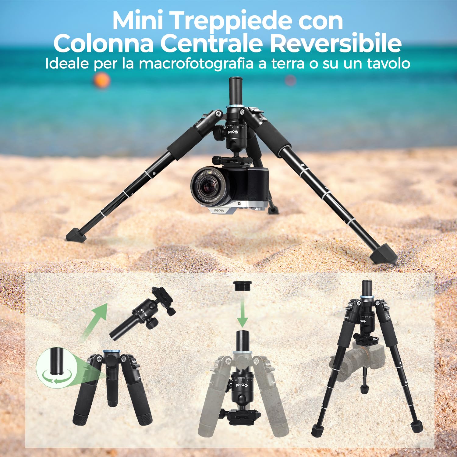 Rollei Compact Traveler Mini M1, Mini Treppiede Fotocamera in Alluminio 49cm Cavalletto Fotografico Piccolo Leggero con Testa a Sfera Arca Swiss per DSLR Nero, Macro-Treppiede-Fotocamera-Tripod