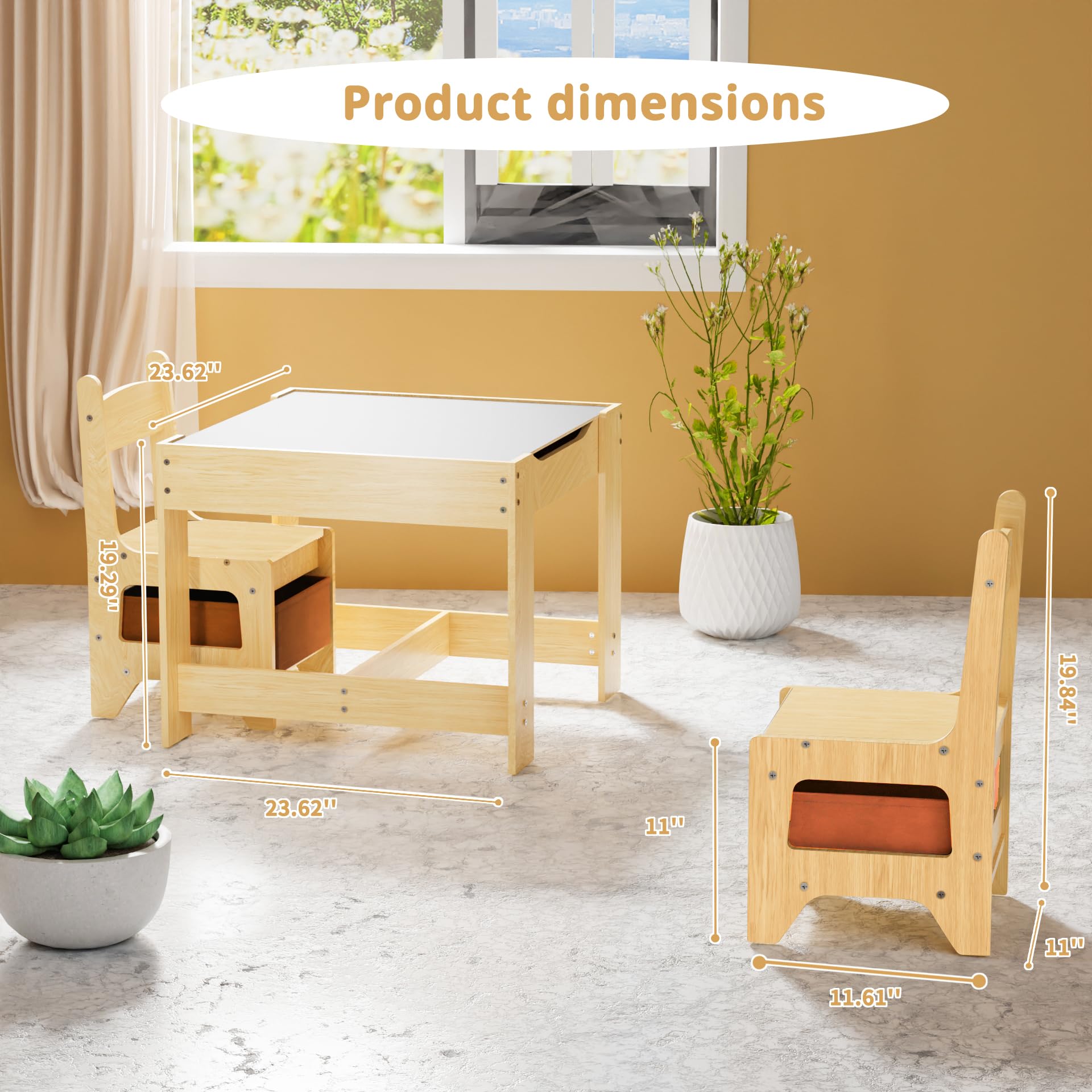 Kids Table and Chair Set, Wooden Activity Table with Storage Drawer, Detachable Tabletop for Toddlers Drawing, Reading, Art Crafts, Kids Learning Table and Chair Set for Home, Playroom (Wood Color)
