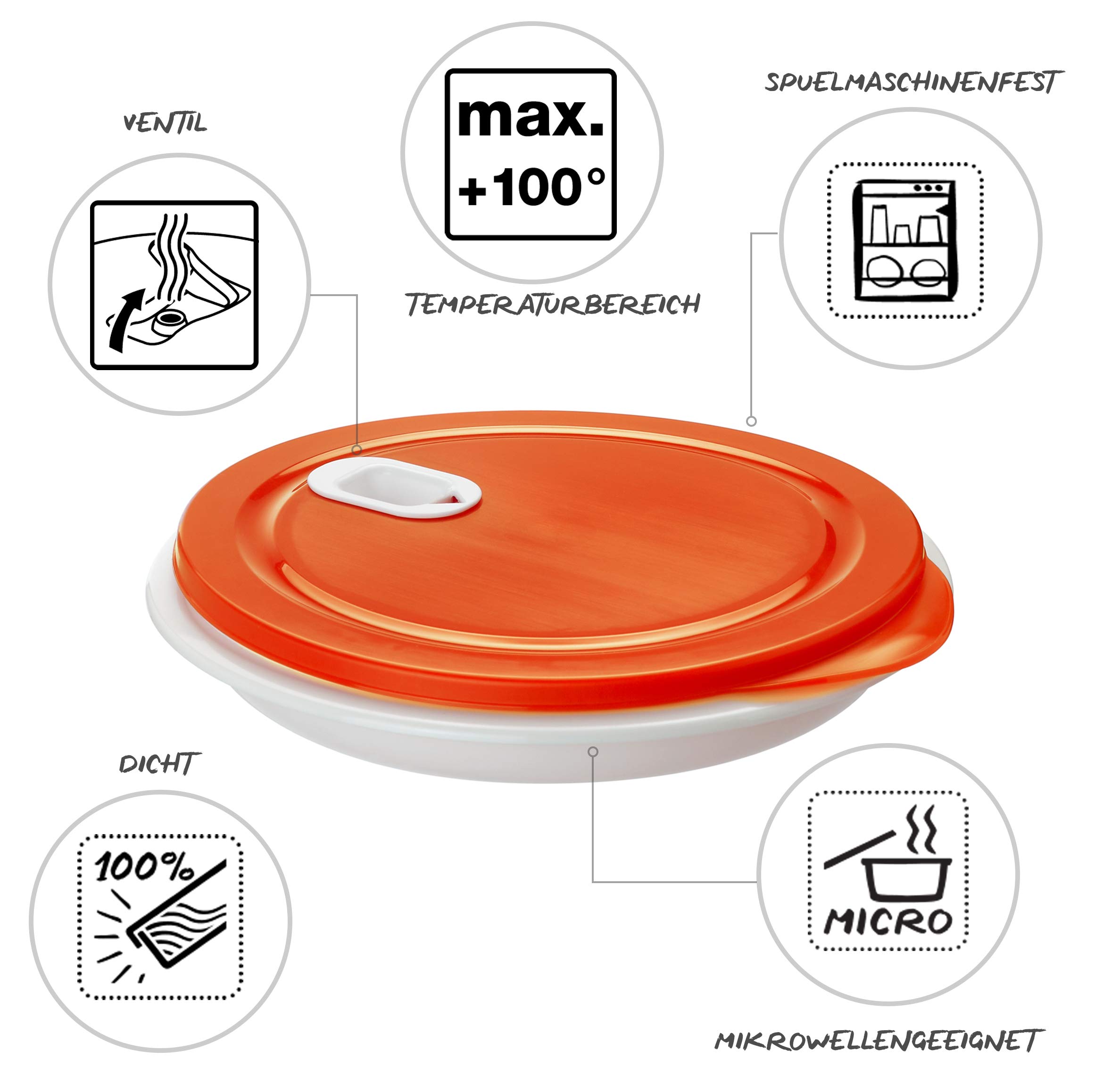 Rotho XL Clever Mikrowellenteller 1.2l mit Deckel und Unterteilung, Kunststoff (PP) BPA-frei, weiss/rot, 1.2l (26.0 x 26.0 x 4.8 cm) (Packung mit 2)