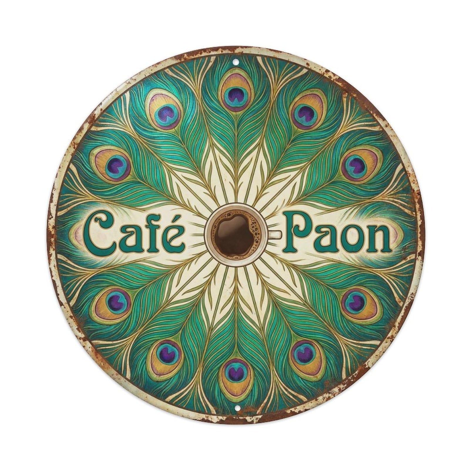 Peacock Espresso Feather Cafe Still Life Roasted Beans Metal Tin Sign Plaque Wall Decor for Cafe, Man Cave, Club Bar, Office, Home Garden Round Metal Poster 8x8Inch