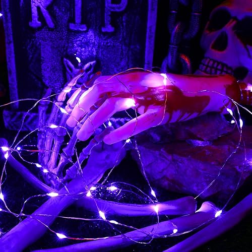 Miniatura 6 de Brizled Luces de Halloween moradas, 19.47 pies, 60 luces LED moradas, funciona con pilas, parpadeanteconstante, luces de Halloween para interiores,