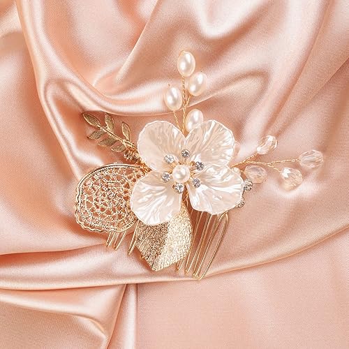 Miniatura 5 de Peine de pelo con diamantes de imitación de cristal de hoja de oro para novia, con perlas de diamantes de imitación, accesorios para el cabello de