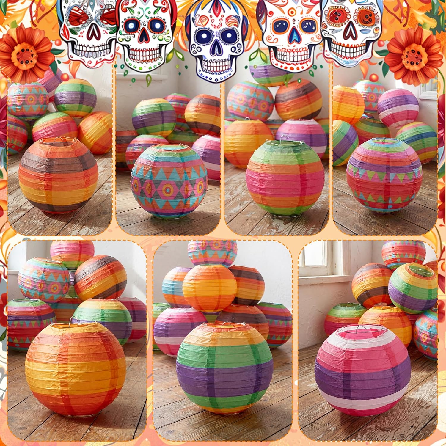 VIHOSE 34 Pcs Mexican Fiesta Hanging Paper Lanterns 7.87 Inch 5.91 Inch Colorful Cinco De Mayo Lanterns for Cinco De Mayo Day of The Dead Birthday Wedding Rainbow Mexican Party Decor