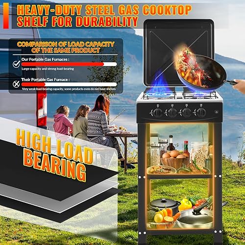 Miniatura 4 de Estufa de gas propano de 4 quemadores, estufa de gas portátil de 300000BTU con soporte para patas y adaptador de cubierta de bloqueo de viento,