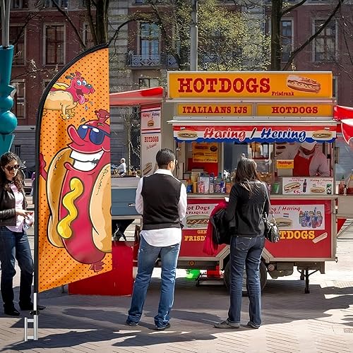 Miniatura 6 de Bandera de Swooper de Hot Dog, letrero de perro caliente sin viento de 11 pies con asta de bandera de aleación de aluminioestaca de tierra de acero