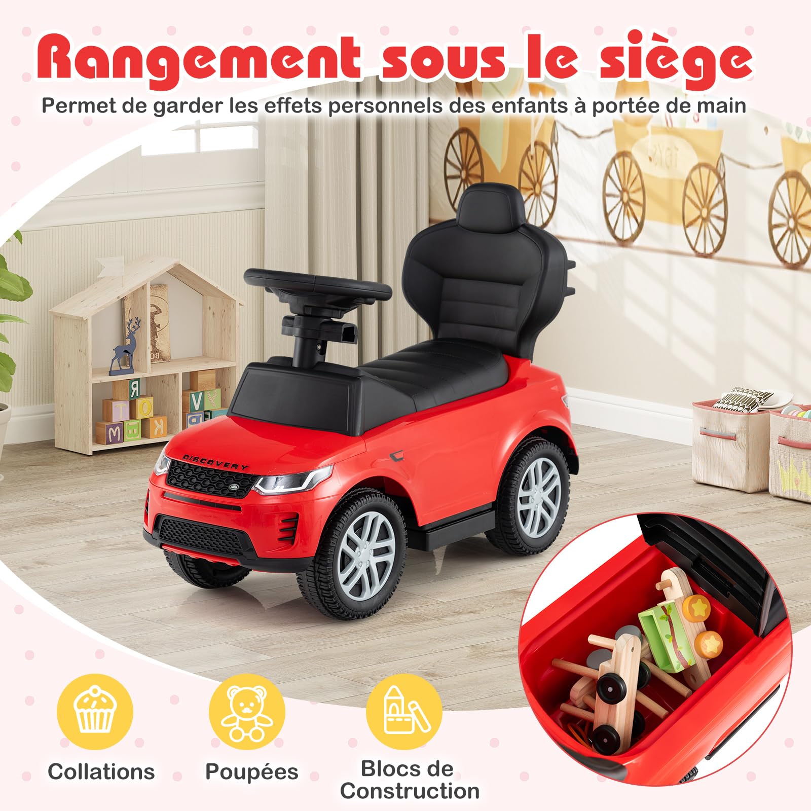 COSTWAY 3 en 1 Porteur Enfant avec Volant & Klaxon & Son de Démarrage, Voiture à Pousser Enfant avec Coffre sous Siège, Poignée & Barrière de Sécurité Amovible, Charge 25kg pour 18-36 Mois (Rouge)
