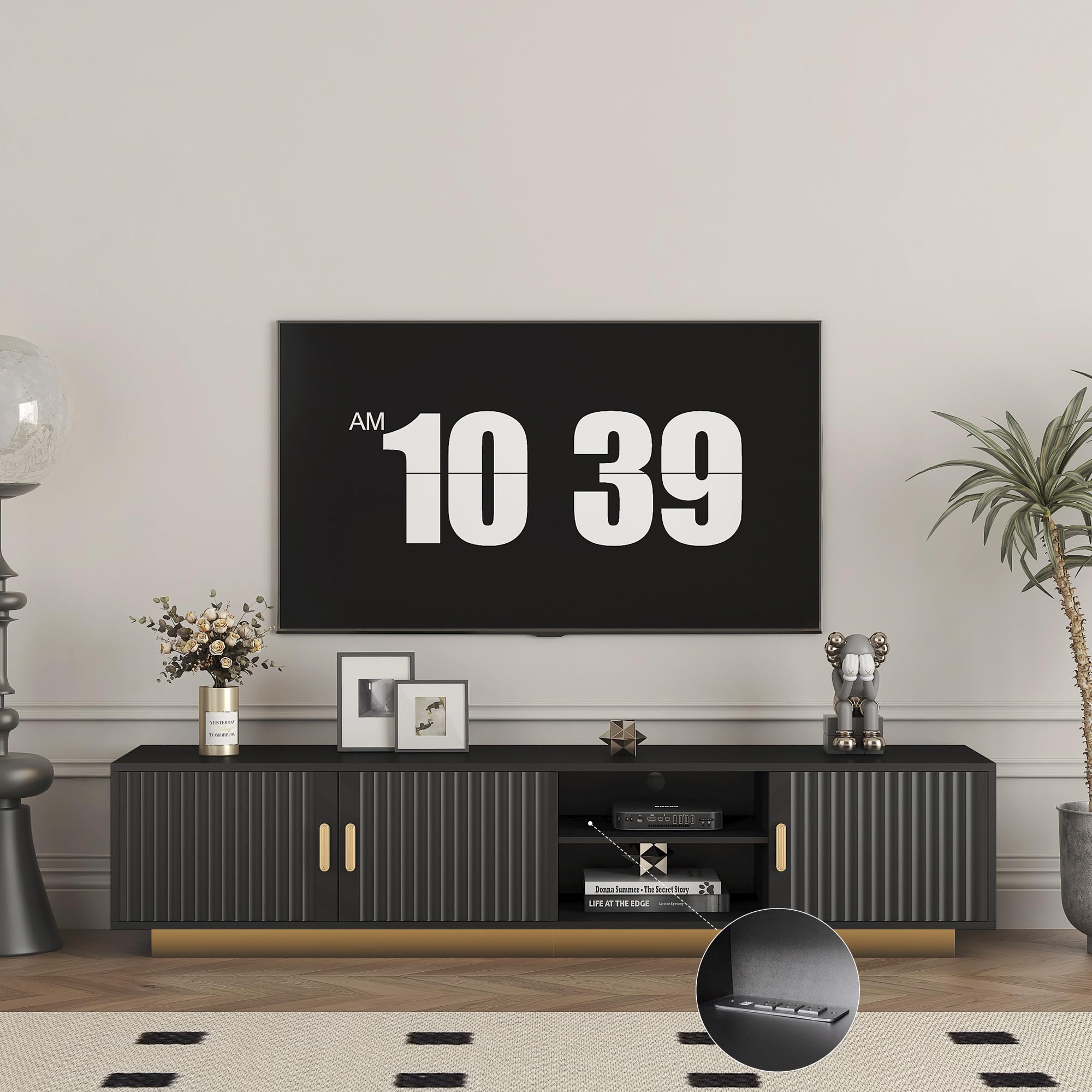 Mid Century Modern TV Stand with LED Lights for 65 Inch TV Wooden Entertainment Center Media Cabinet with Wavy Door Pattern Storage MDF for Living Room Bedroom